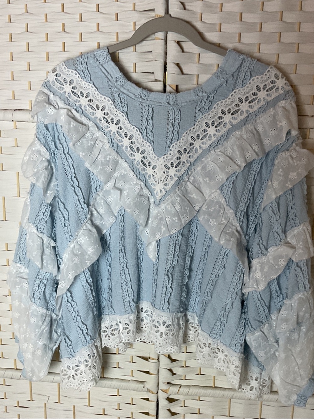 POL Light Blue and White Lace Ruffle Top